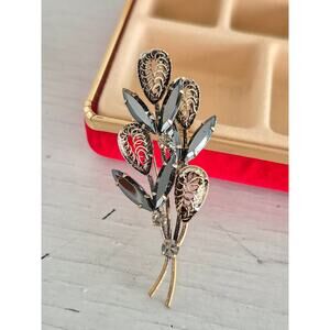 Vintage Austria Filigree Cat Tail Plant Hematite Rhinestone Brooch